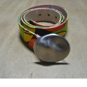 Laurie Weber Colorful Abstract Pattern Belt with Oval Silver-Tone Buckle Size 36